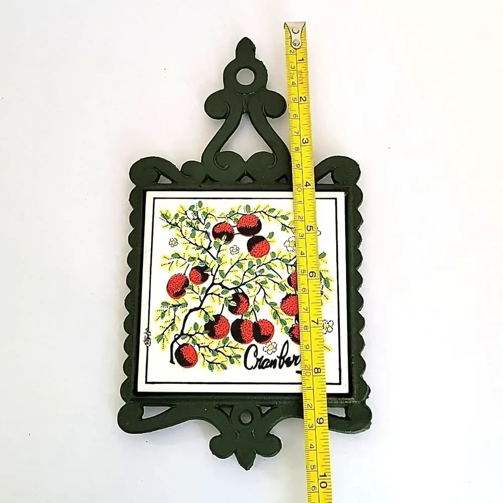 Vintage Mid Century Trivet Green Iron Cranberry Tile Footed Cottagecore Country